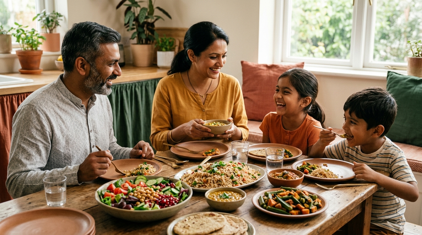 A warm South Asian family sharing a healthy, vibrant meal at their dining table