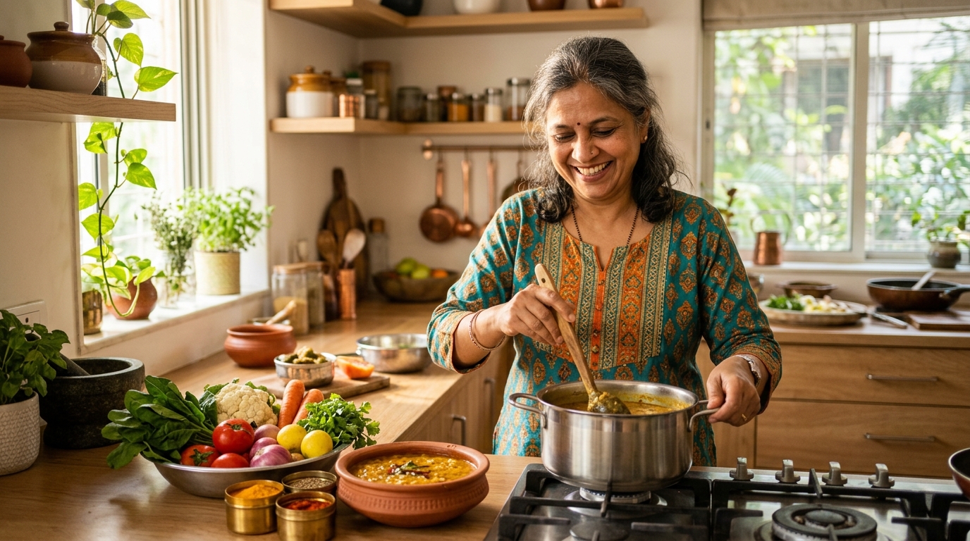 South Asian mother cooking healthy heritage food